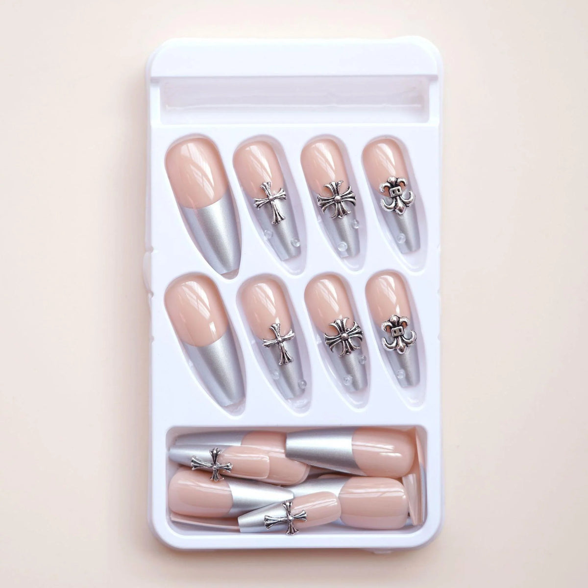 Press-On Nail Set Silver Accents Peel-And-Stick Reusable