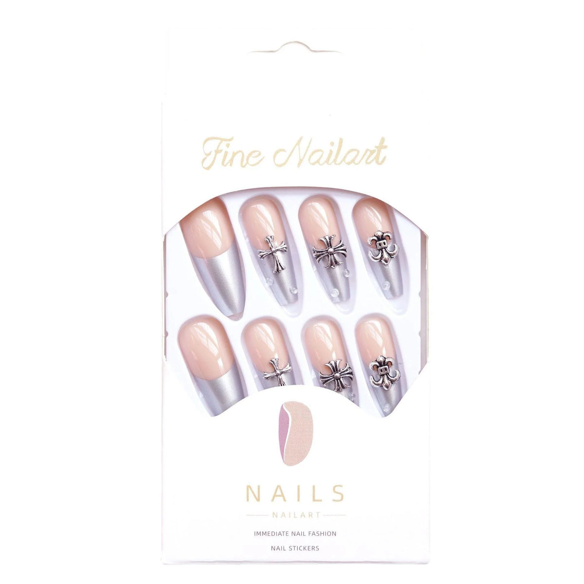 Press-On Nail Set Silver Accents Peel-And-Stick Reusable