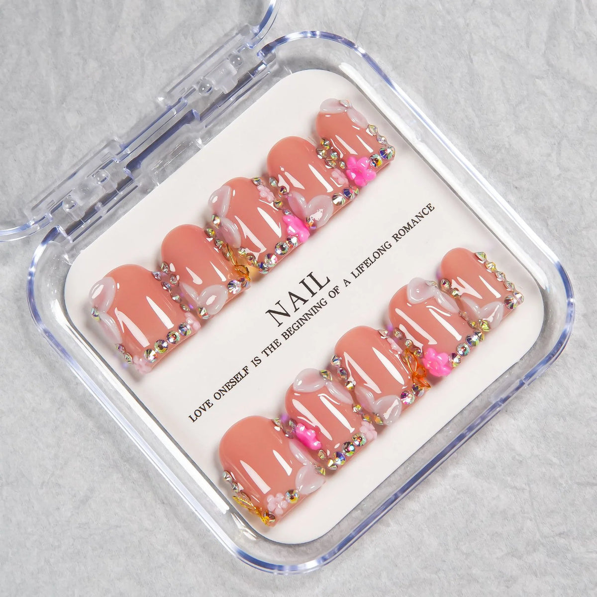 Press-On Nail Set Soft Pink Gem Accents Adhesive Backing