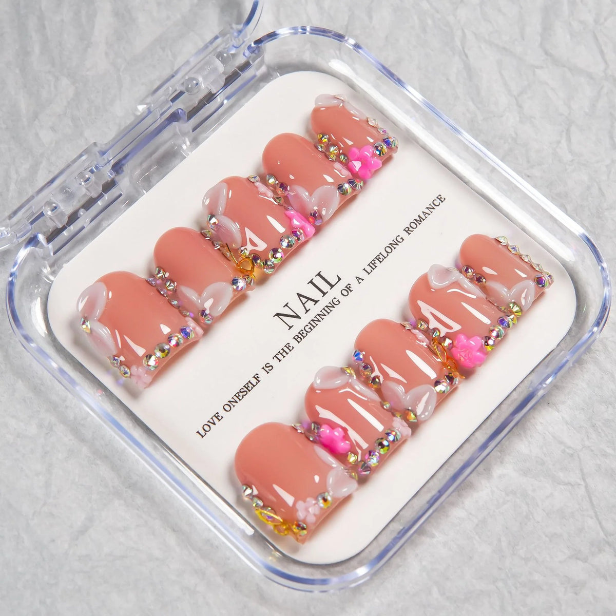 Press-On Nail Set Soft Pink Gem Accents Adhesive Backing