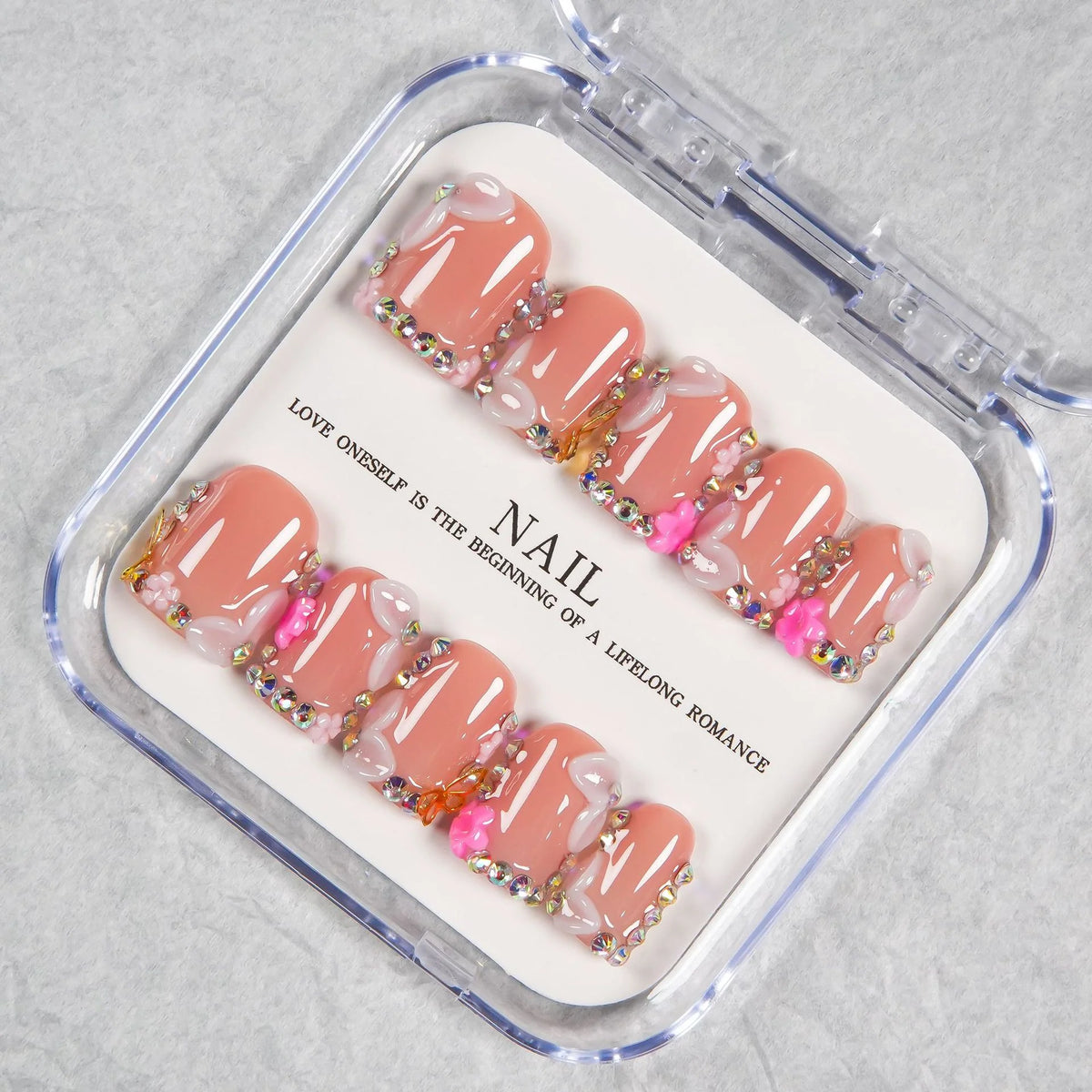 Press-On Nail Set Soft Pink Gem Accents Adhesive Backing