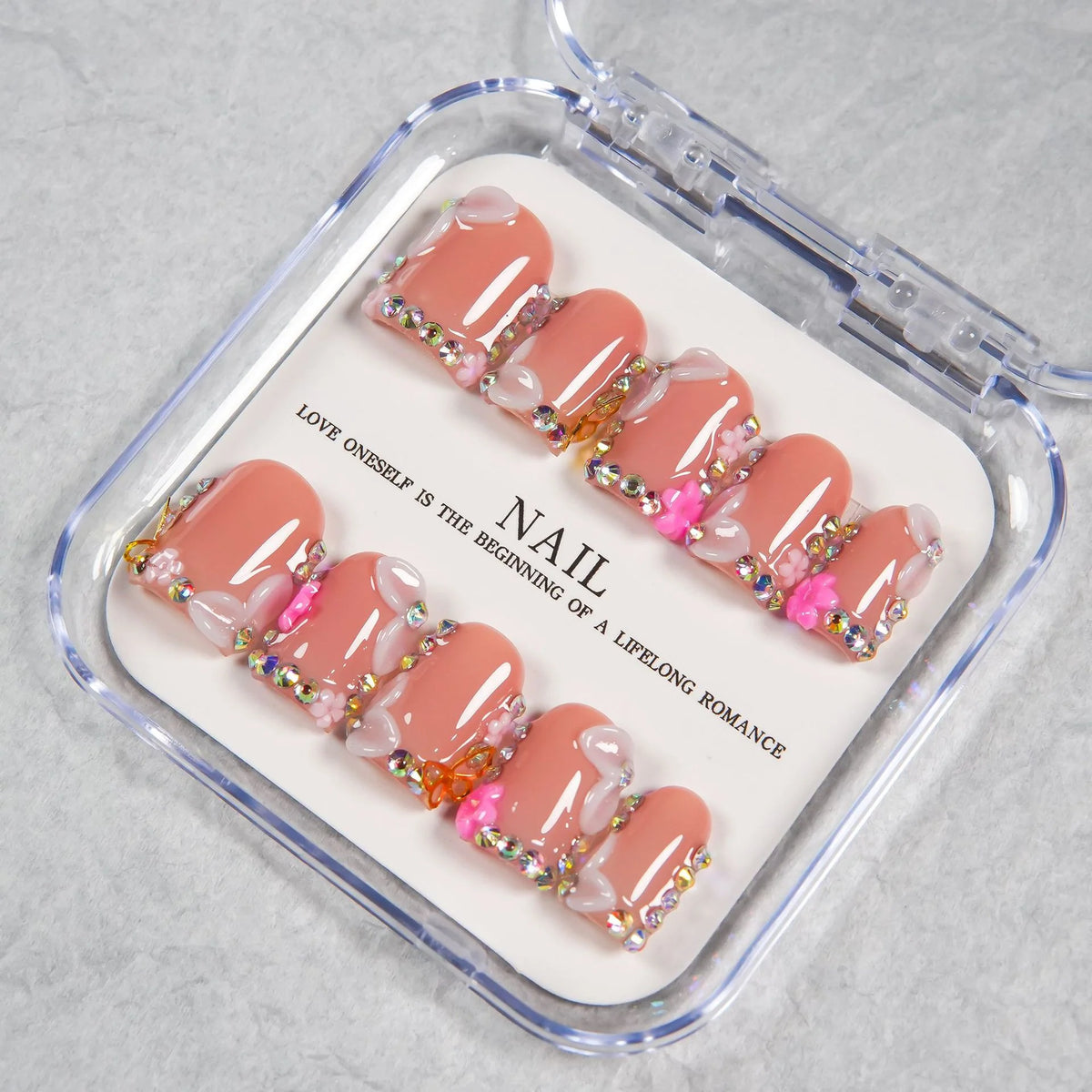 Press-On Nail Set Soft Pink Gem Accents Adhesive Backing
