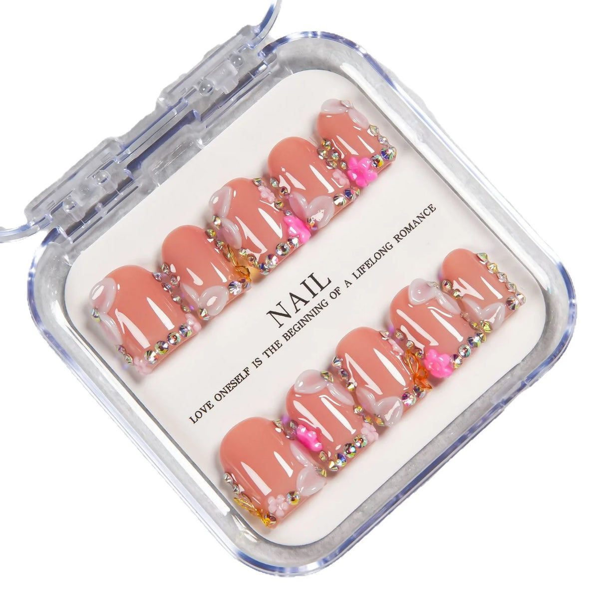 Press-On Nail Set Soft Pink Gem Accents Adhesive Backing