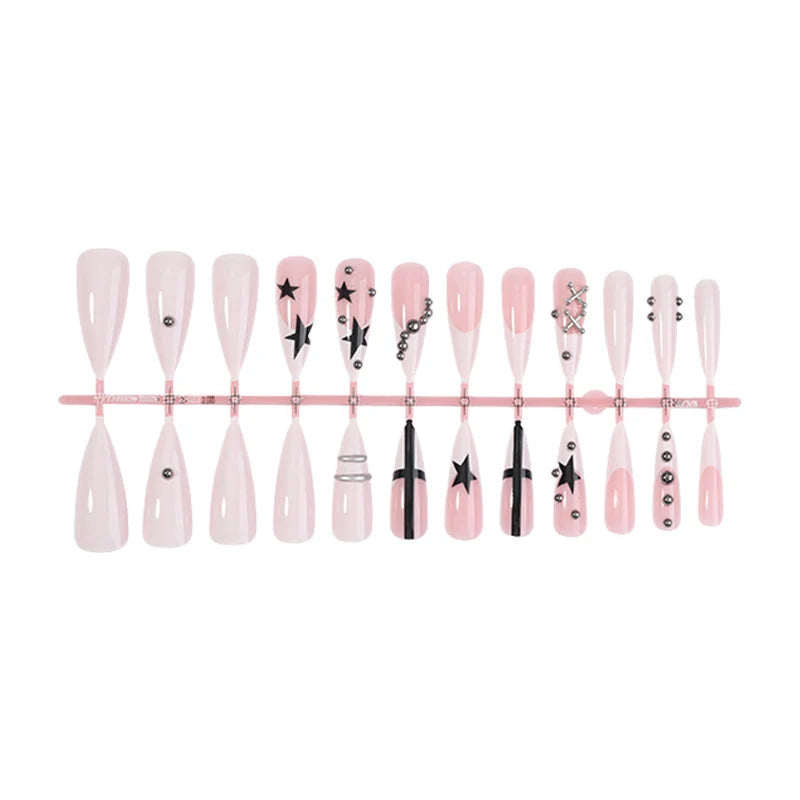 Press-On Nail Set Star & Glitter Self-Adhesive Beige