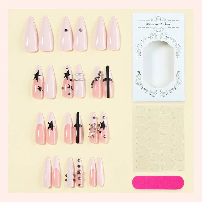 Press-On Nail Set Star & Glitter Self-Adhesive Beige