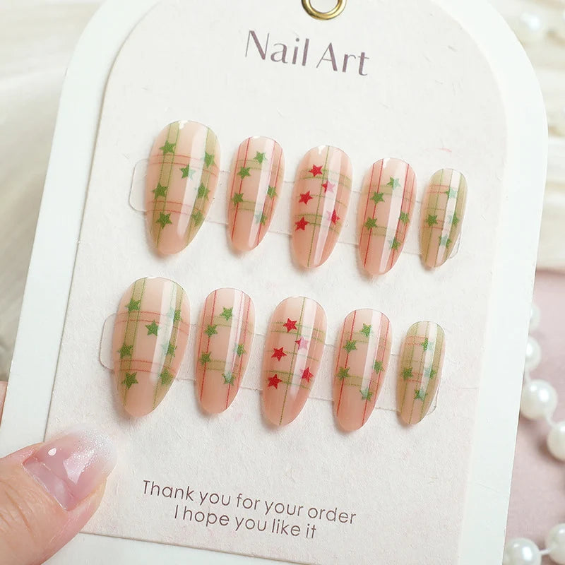 Press-On Nail Set Star & Line Patterns Easy Application