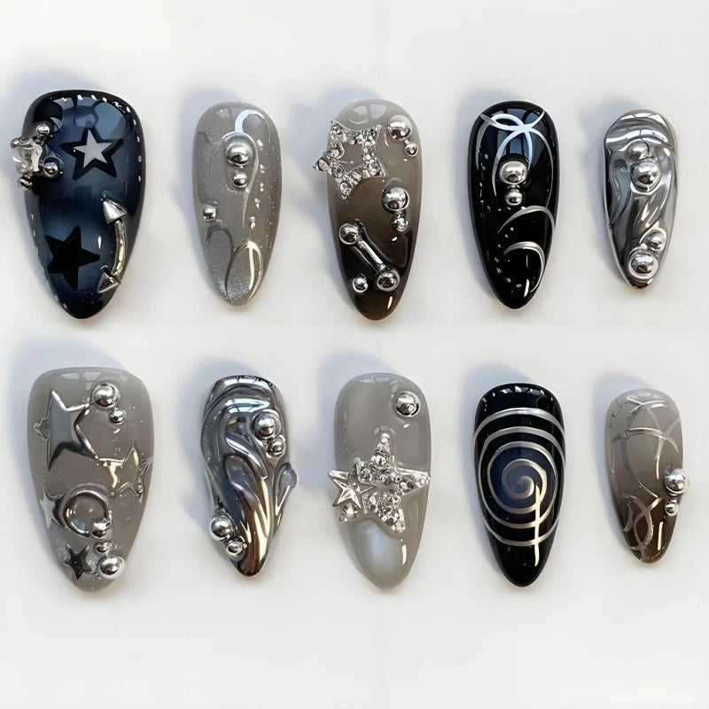 Press-On Nail Set Star & Metallic Accents Long-Lasting Wear