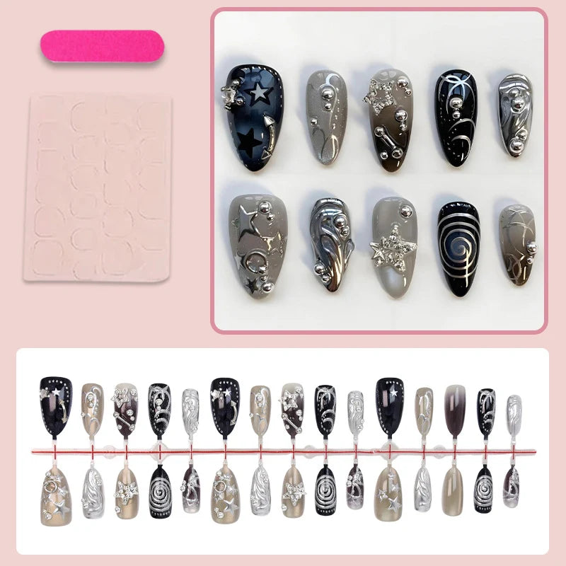 Press-On Nail Set Star & Metallic Accents Long-Lasting Wear
