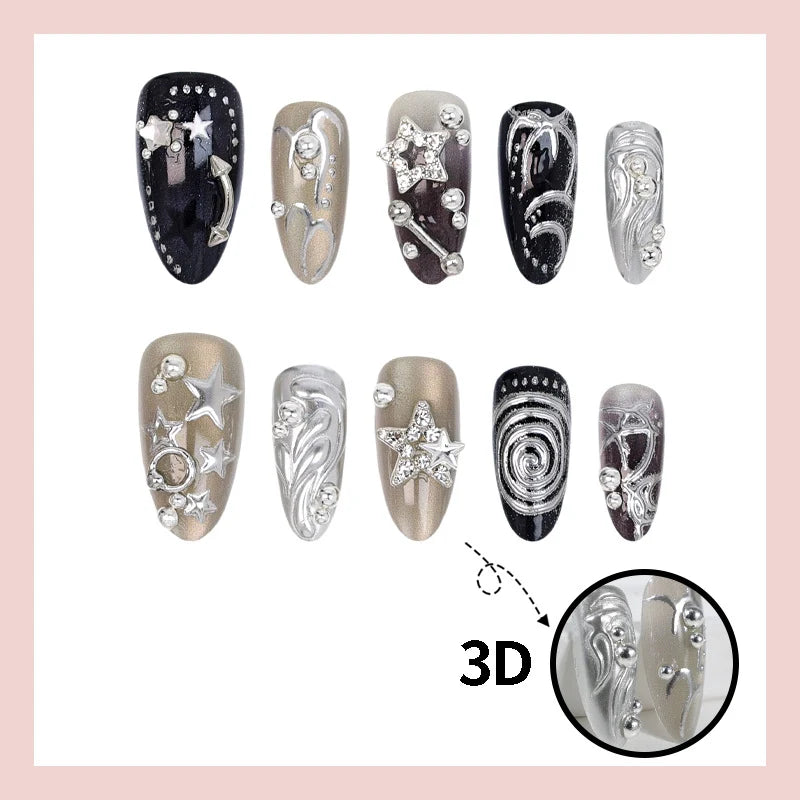 Press-On Nail Set Star & Metallic Accents Long-Lasting Wear