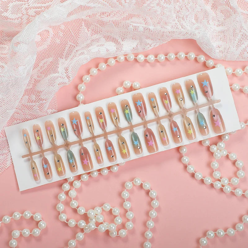 Press-On Nail Set Star Pattern Pre-Glued Multiple Sizes