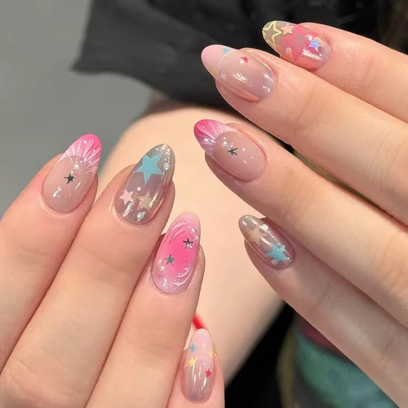 Press-On Nail Set Star Pattern Quick Application & Chip-Resistant
