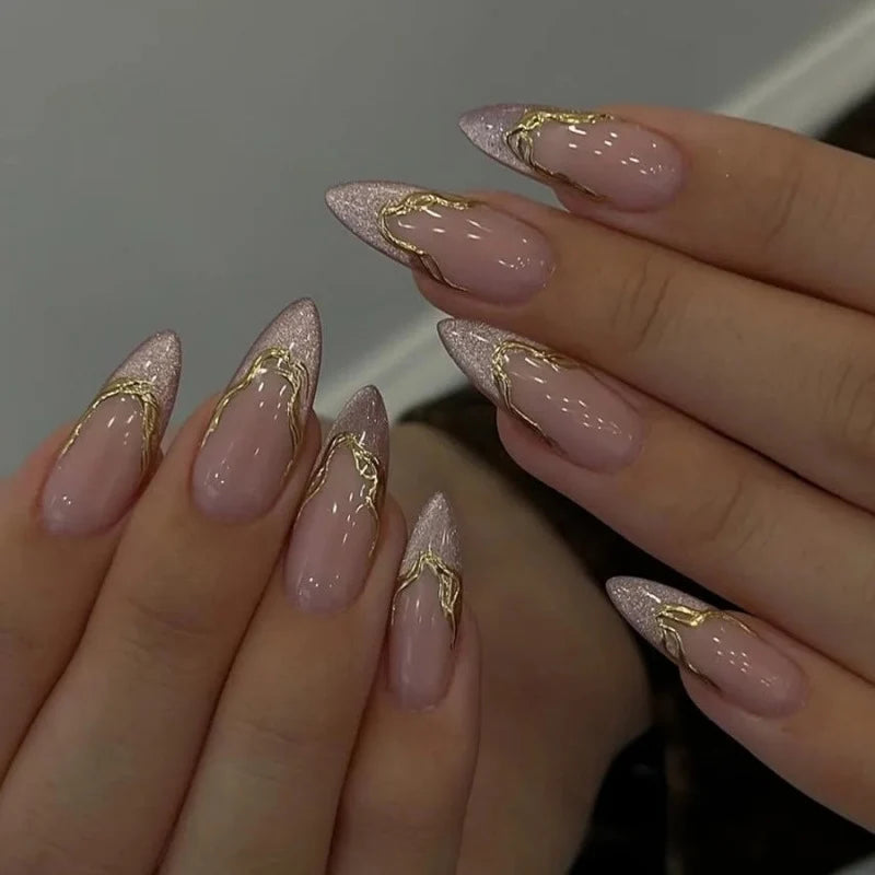 Press-On Nail Set Stiletto 3D Gold No Glue