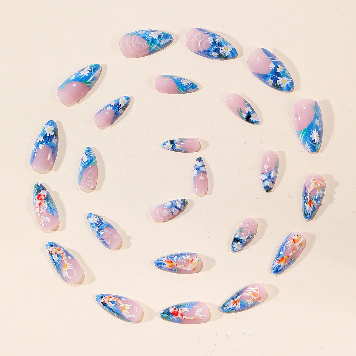 Press-On Nail Set Stiletto 3D Koi Fish Full-Cover