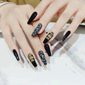 Press-On Nail Set Stiletto Black Gold Glue-On Reusable