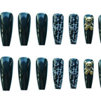 Press-On Nail Set Stiletto Black Gold Glue-On Reusable