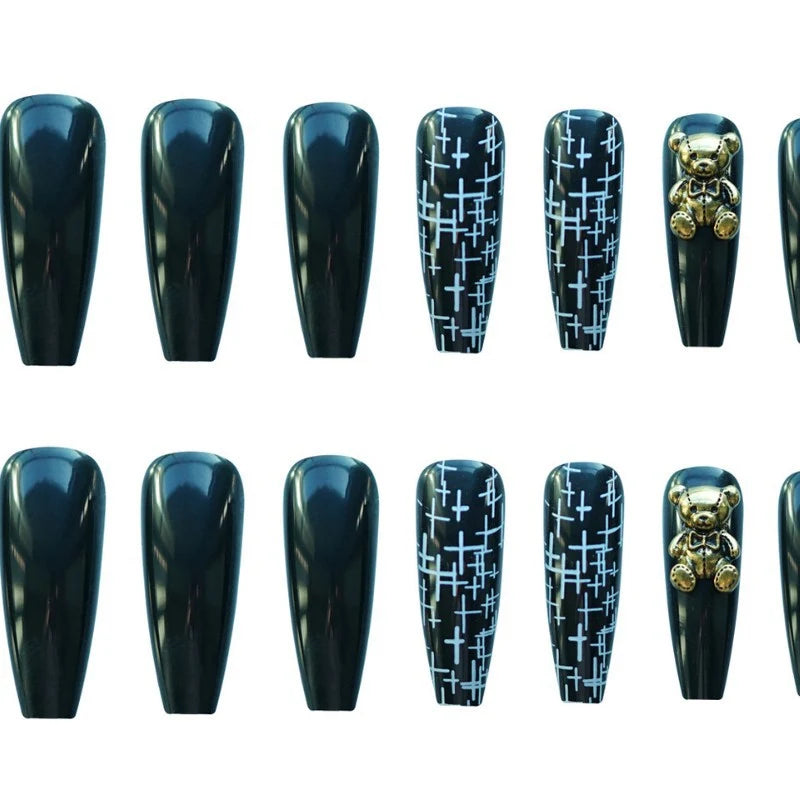 Press-On Nail Set Stiletto Black Gold Glue-On Reusable