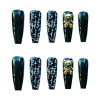 Press-On Nail Set Stiletto Black Gold Glue-On Reusable