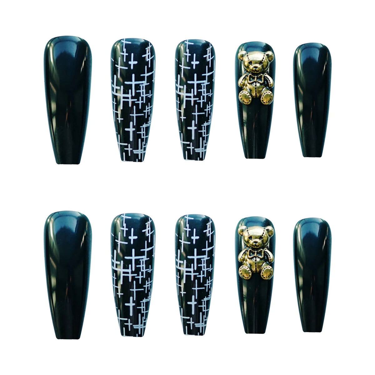 Press-On Nail Set Stiletto Black Gold Glue-On Reusable