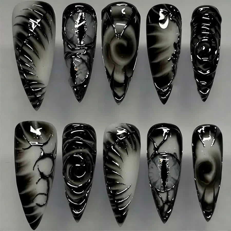 Press-On Nail Set Stiletto Black & White Reusable