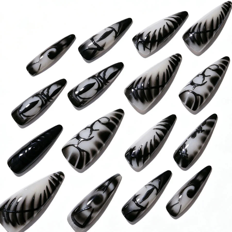 Press-On Nail Set Stiletto Black & White Reusable