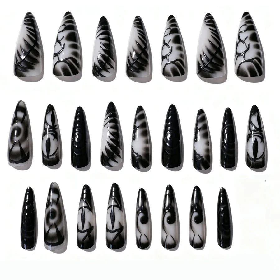 Press-On Nail Set Stiletto Black & White Reusable