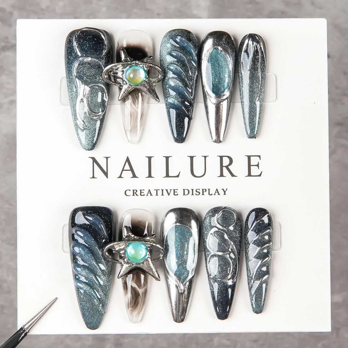 Press-On Nail Set Stiletto Dark Blue Reusable