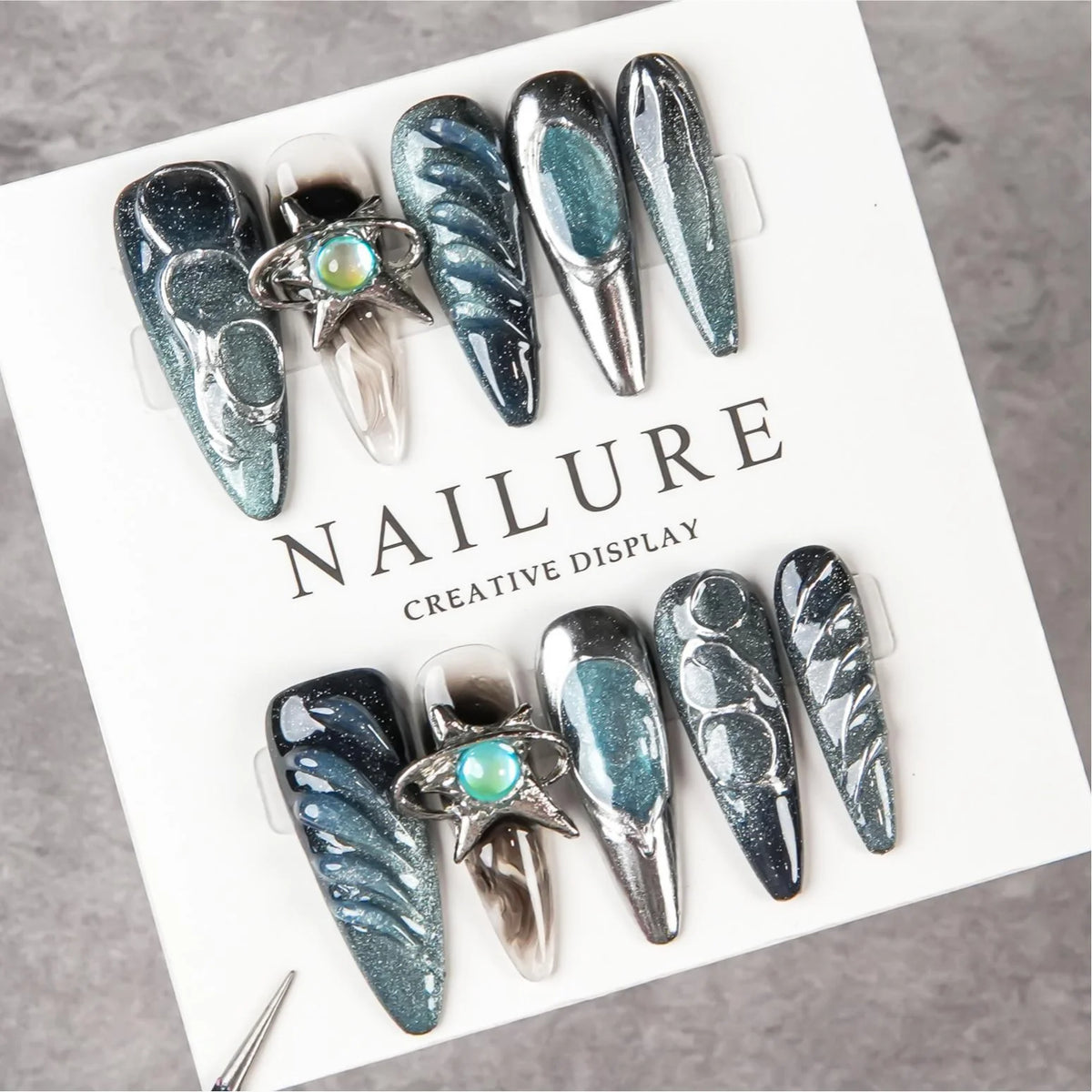 Press-On Nail Set Stiletto Dark Blue Reusable