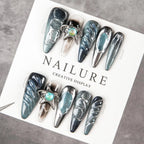 Press-On Nail Set Stiletto Dark Blue Reusable