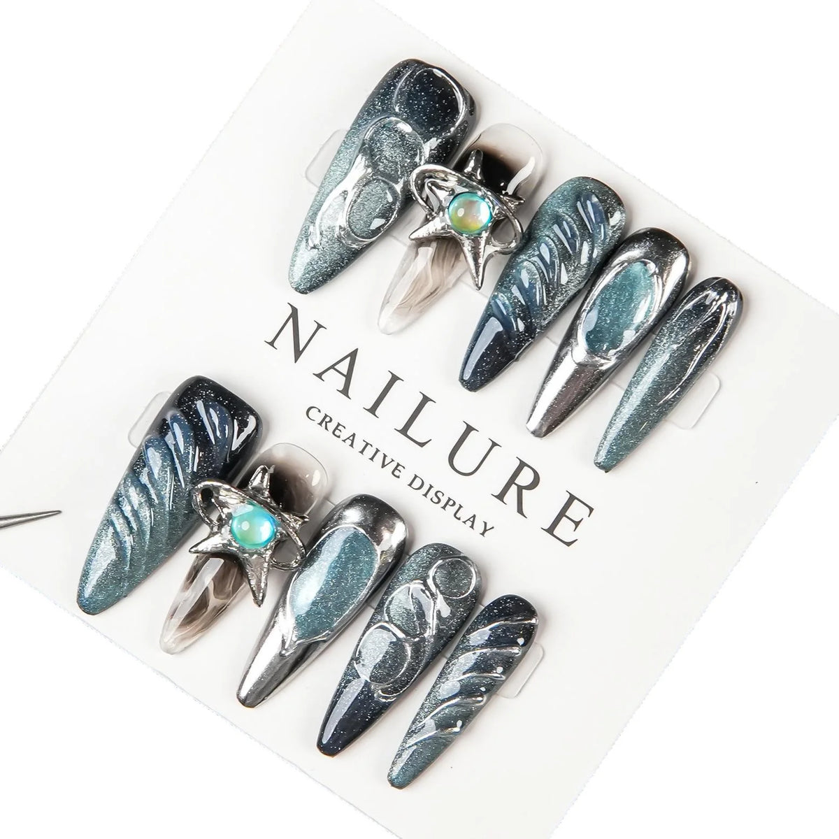 Press-On Nail Set Stiletto Dark Blue Reusable