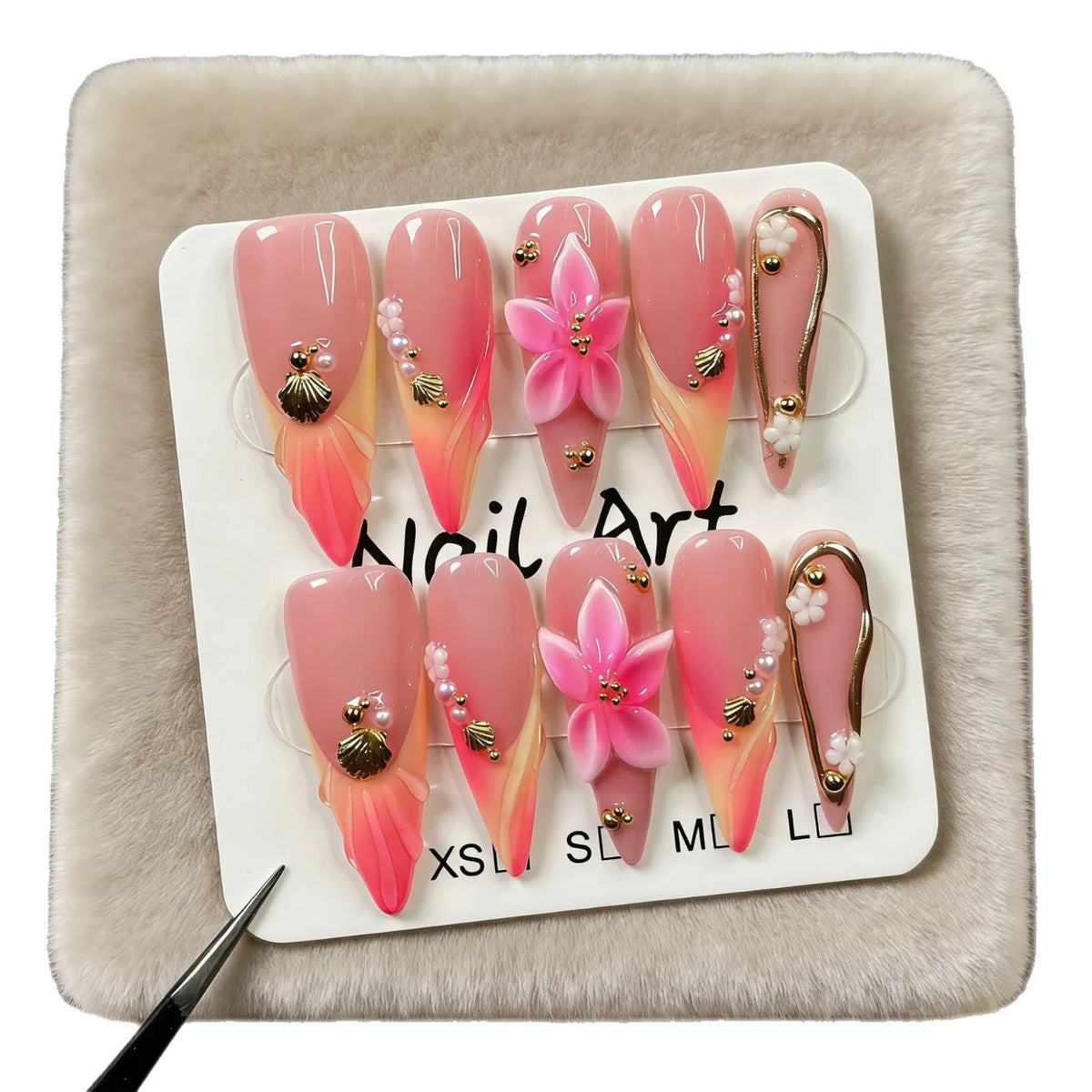 Press-On Nail Set Stiletto Floral Adhesive Tabs