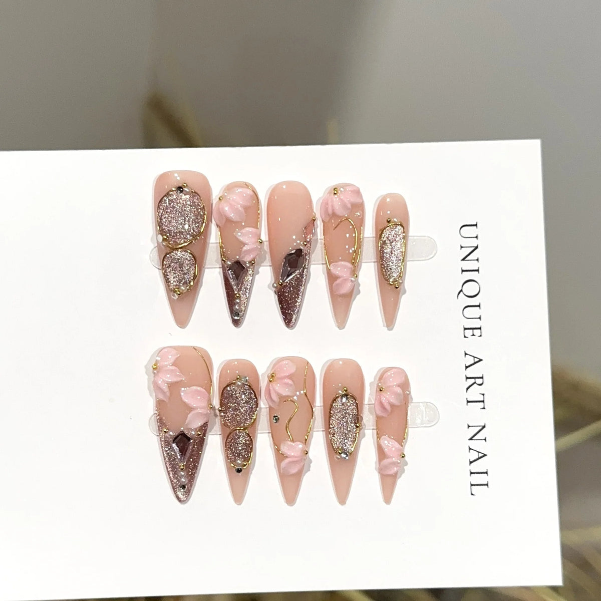 Press-On Nail Set Stiletto Floral Embellished Easy Adhesive & Long-Lasting
