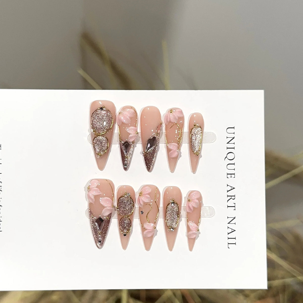 Press-On Nail Set Stiletto Floral Embellished Easy Adhesive & Long-Lasting