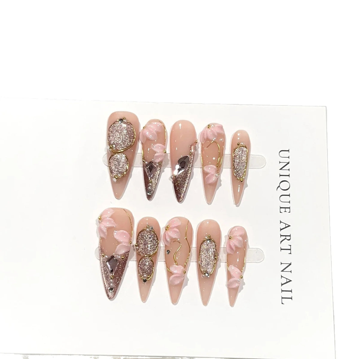 Press-On Nail Set Stiletto Floral Embellished Easy Adhesive & Long-Lasting