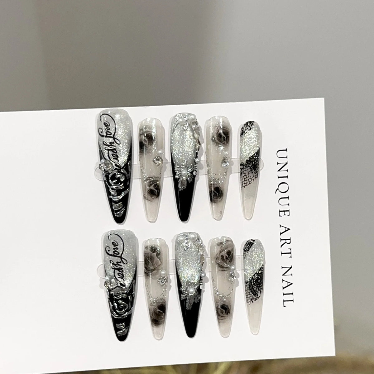 Press-On Nail Set Stiletto Floral & Gemstone Easy Apply