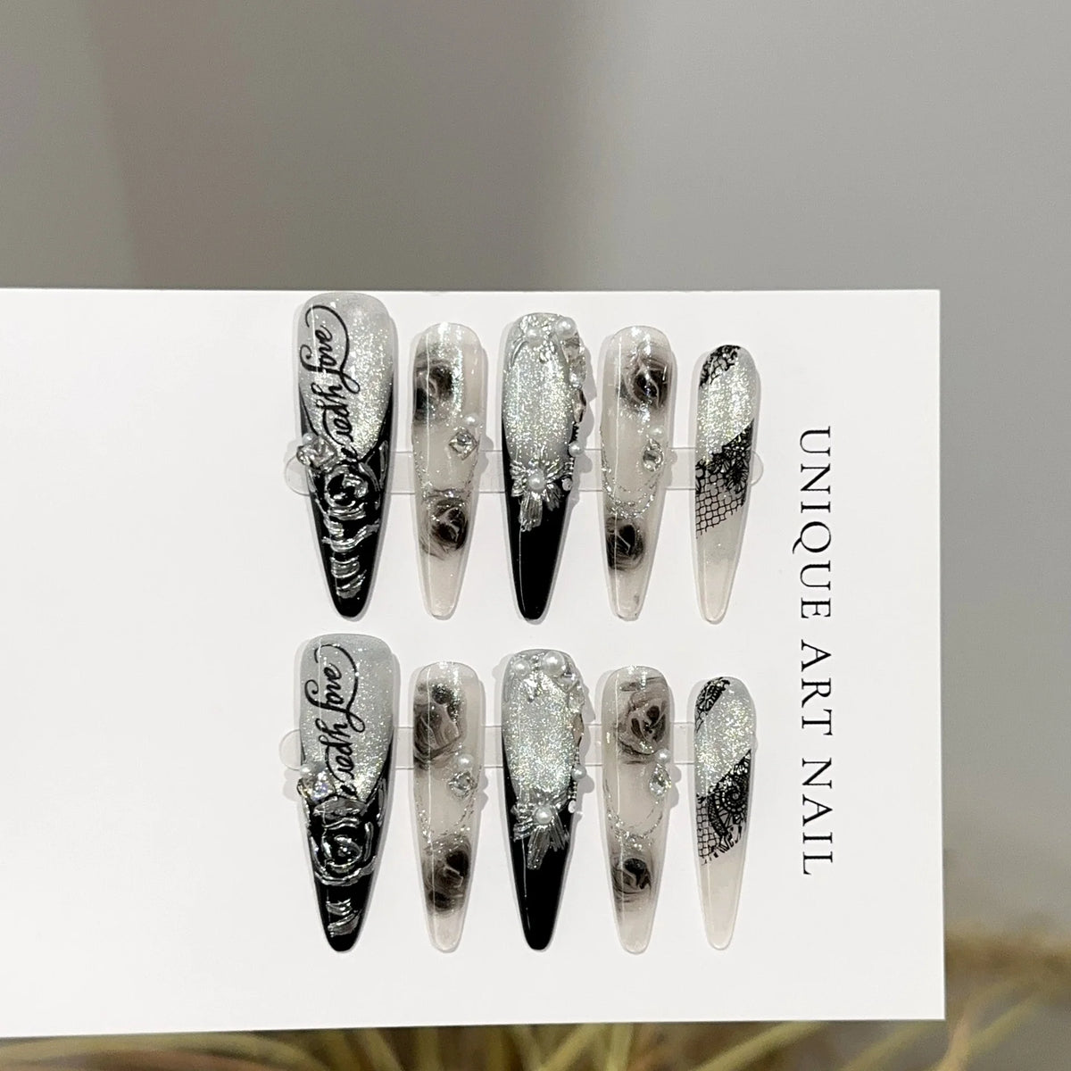 Press-On Nail Set Stiletto Floral & Gemstone Easy Apply