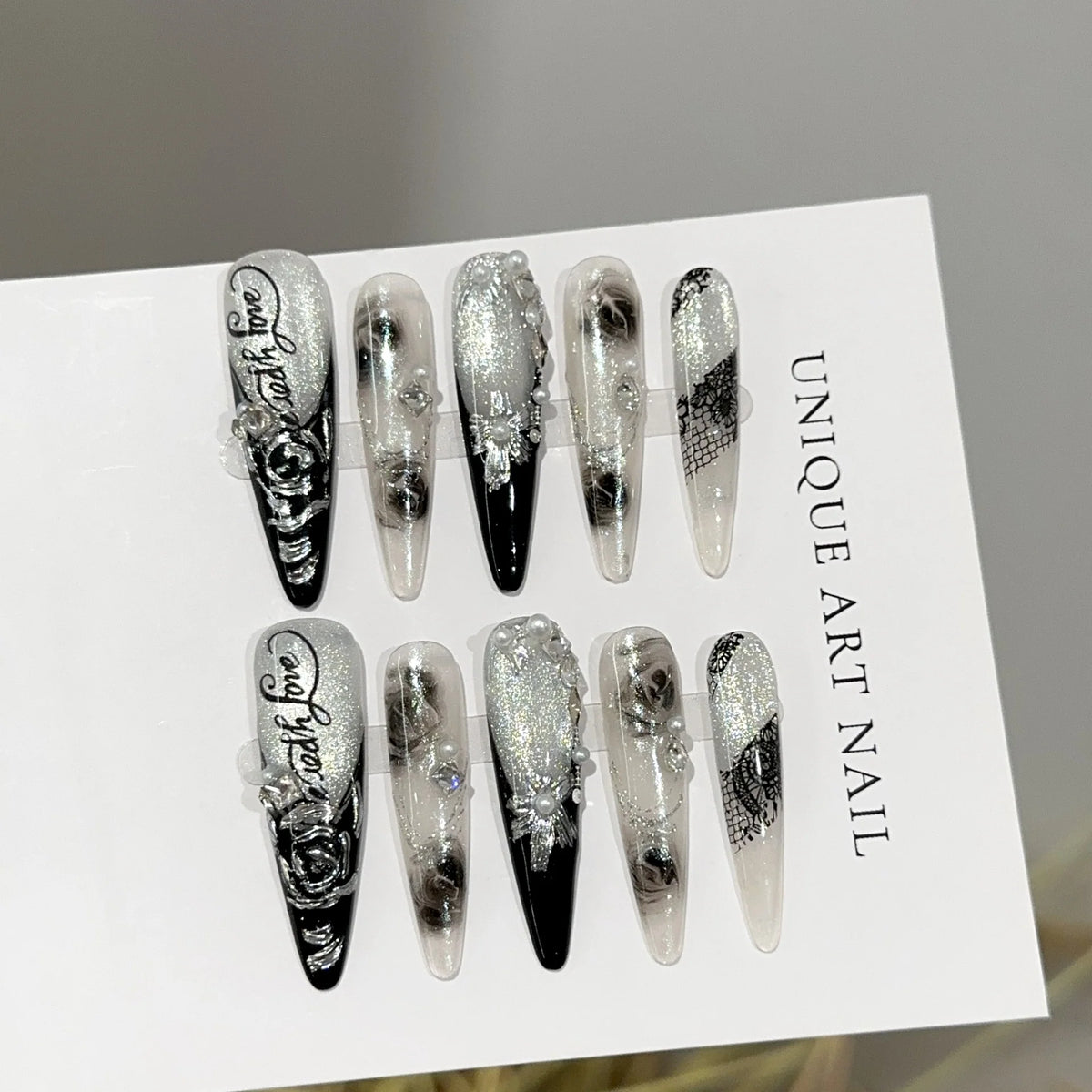 Press-On Nail Set Stiletto Floral & Gemstone Easy Apply