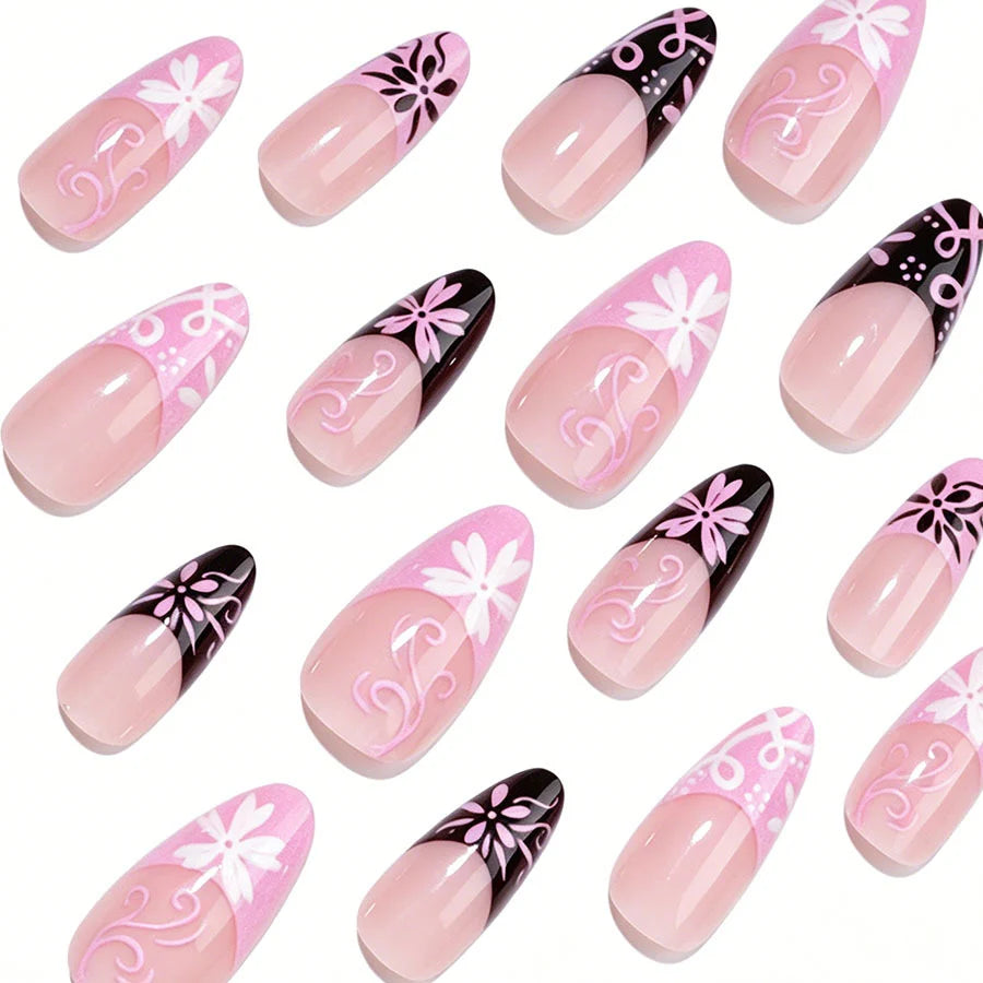Press-On Nail Set Stiletto Floral & Geometric