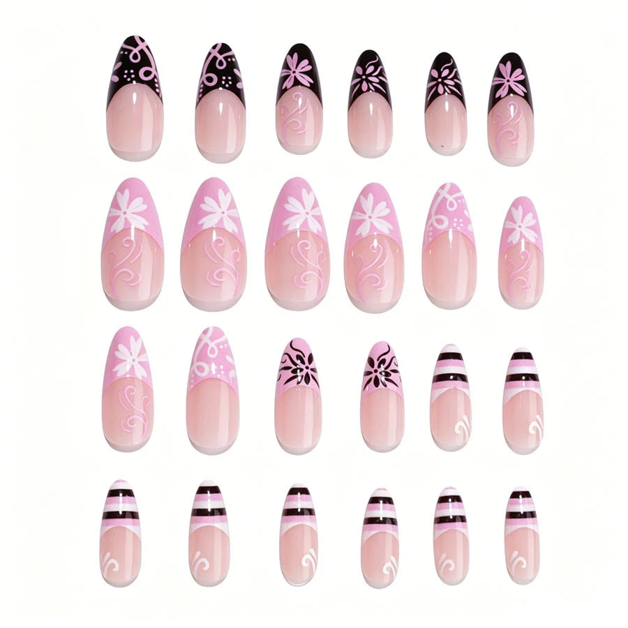Press-On Nail Set Stiletto Floral & Geometric