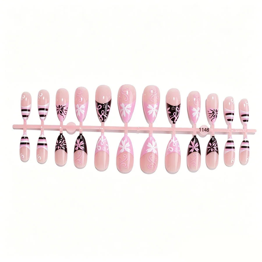Press-On Nail Set Stiletto Floral & Geometric