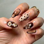 Press-On Nail Set Stiletto Floral Gold Glue-Free & Reusable