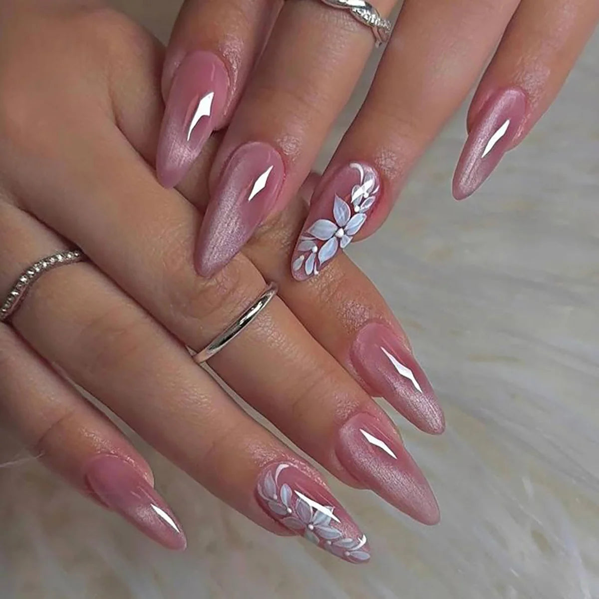 Press-On Nail Set Stiletto Floral & Long-Lasting