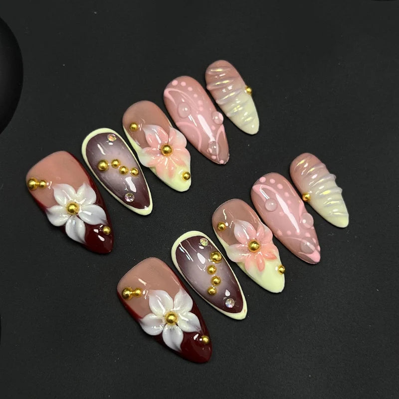 Press-On Nail Set Stiletto Floral Metallic No Glue