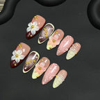 Press-On Nail Set Stiletto Floral Metallic No Glue