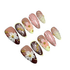 Press-On Nail Set Stiletto Floral Metallic No Glue