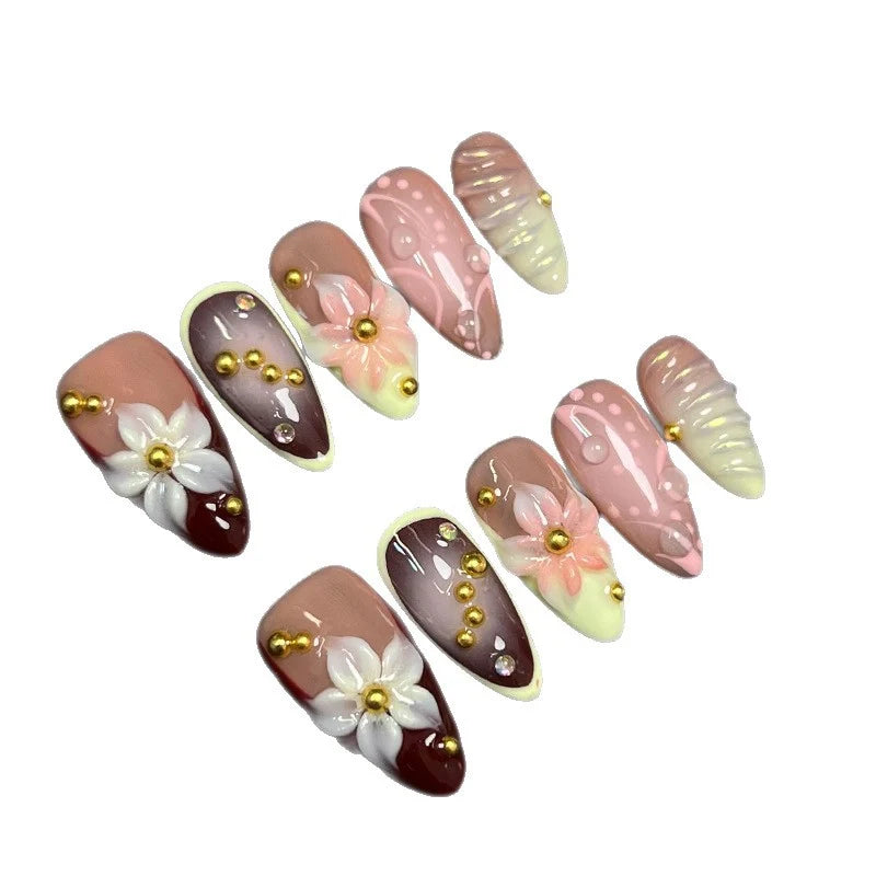Press-On Nail Set Stiletto Floral Metallic No Glue