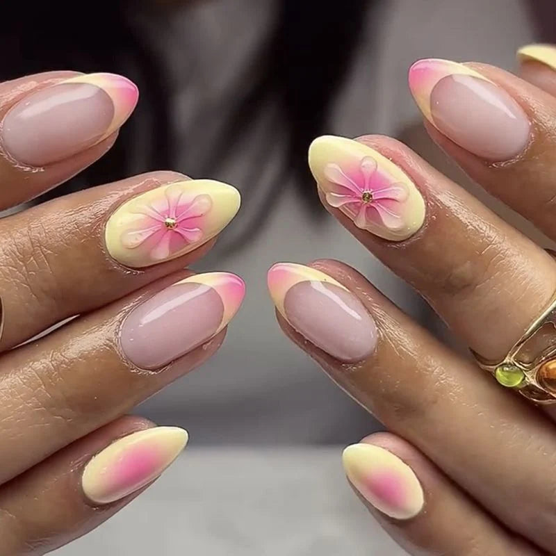 Press-On Nail Set Stiletto Floral Red Gelatin Finish