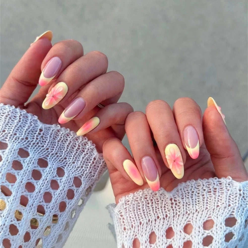 Press-On Nail Set Stiletto Floral Red Gelatin Finish