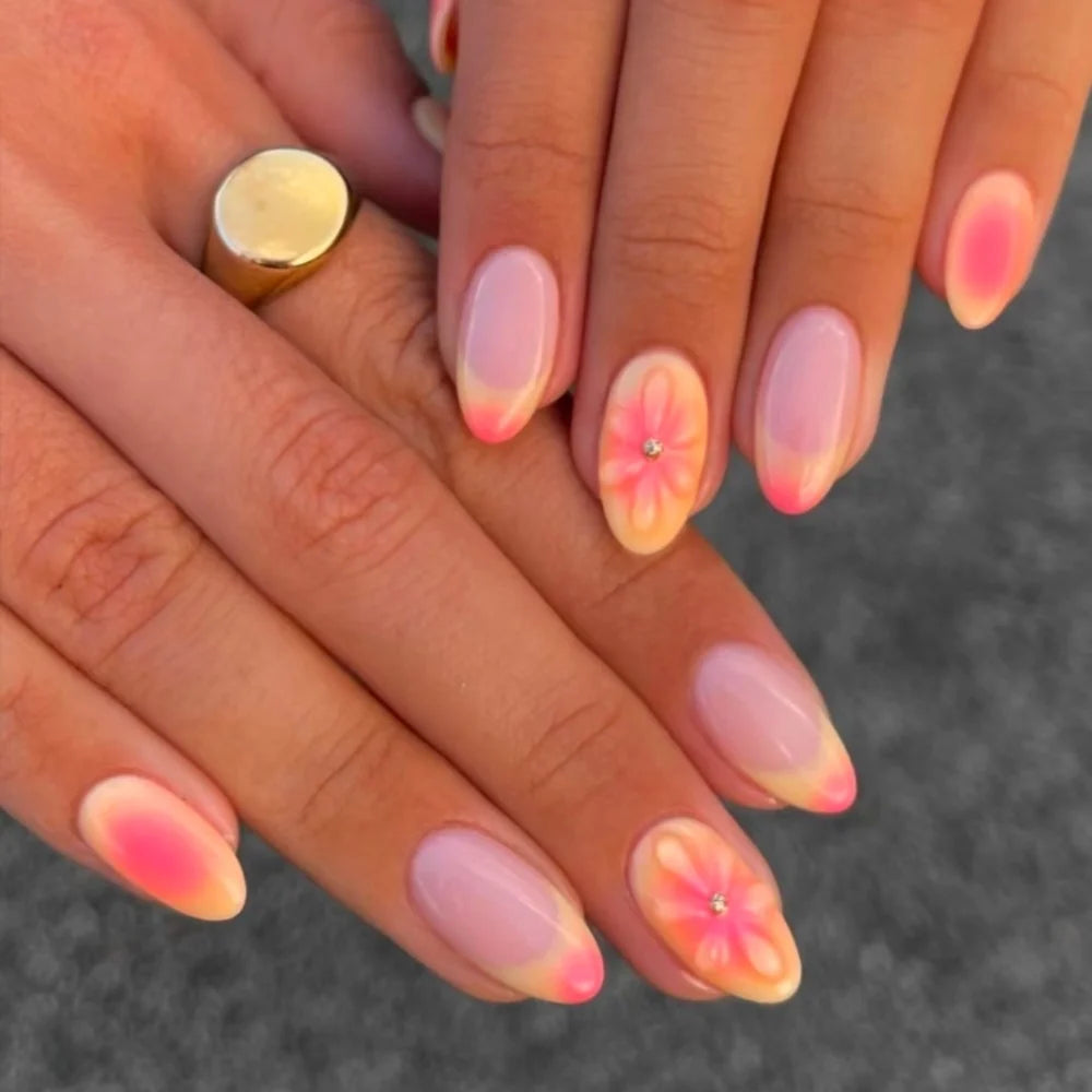 Press-On Nail Set Stiletto Floral Red Gelatin Finish