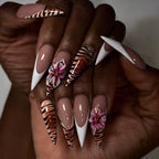 Press-On Nail Set Stiletto Floral & Tiger Print Easy-To-Apply