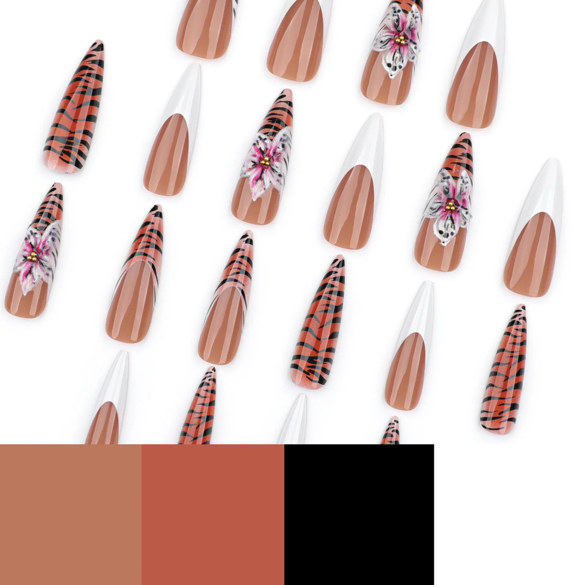 Press-On Nail Set Stiletto Floral & Tiger Print Easy-To-Apply